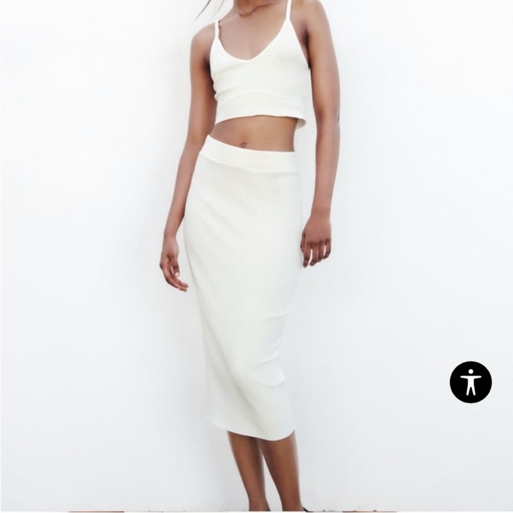 Zara White Ribbed Knit MIDI skirt Set - Women Pants & Jumpsuits